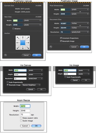 Resize Canvas and Resize Image dialogs in all three apps