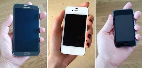 A picture of my hand, holding a Note 2; a person with smaller hands holding an iPhone 4S; me again, holding an iPod touch. While the iPod touch and the 4S have similar sizes, relative to hand size, the 4S looks almost the same size as the Note 2