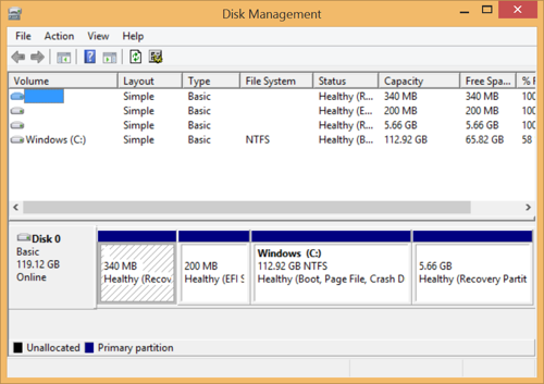 Disk Management running under Windows 8