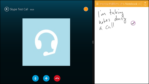 Screenshot of Surface's split-screen mode, showing a Skype call on the left, and a notes-taking app on the right