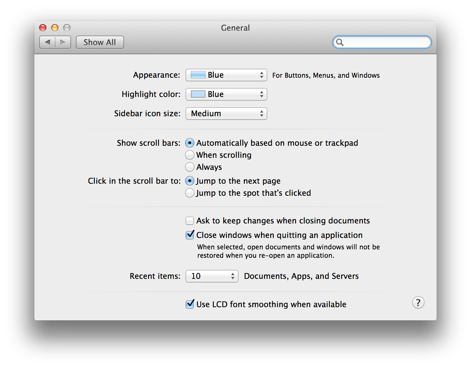 Screenshot showing Mavericks' General System Settings