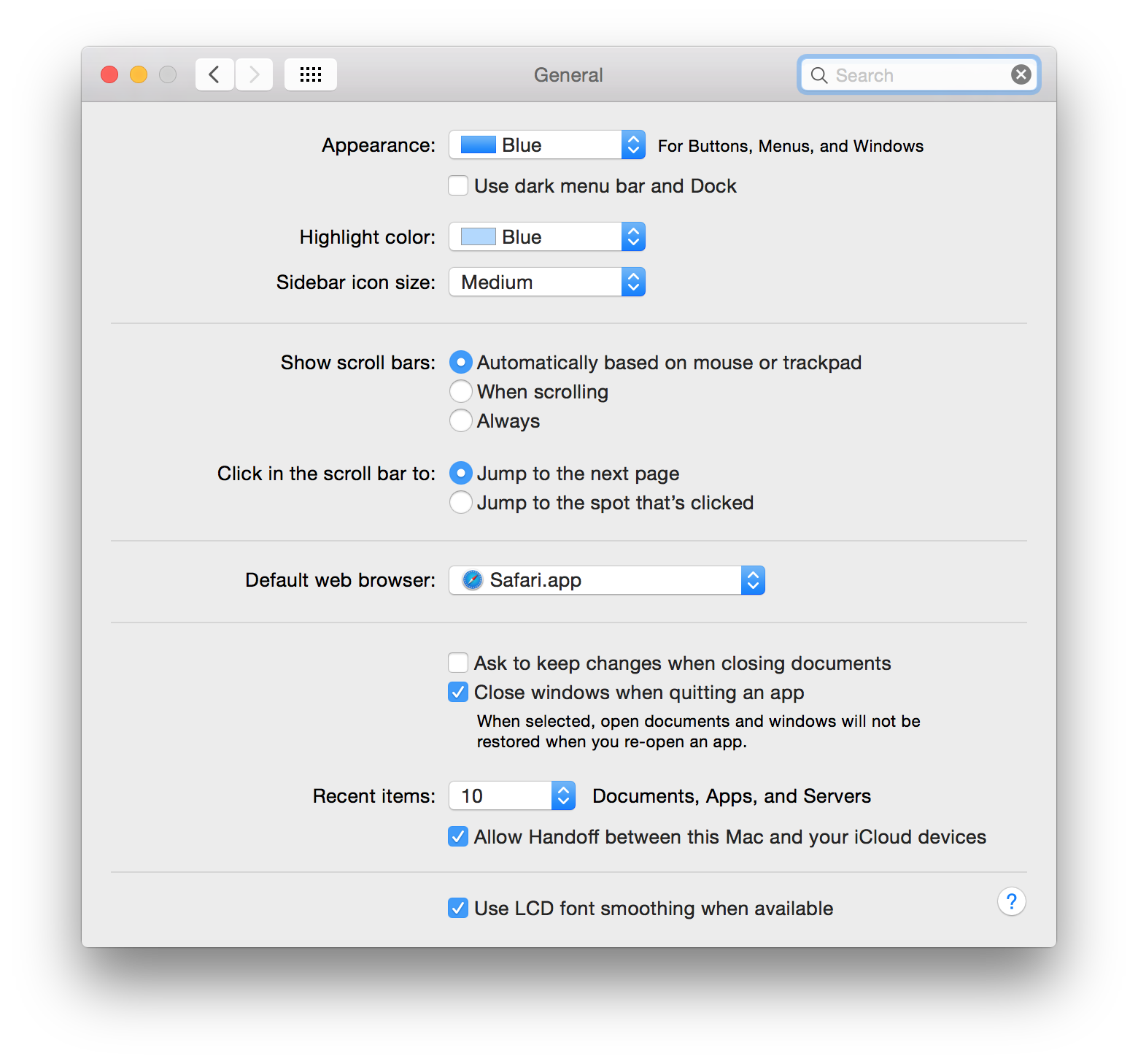 Screenshot showing Yosemite's General System Settings