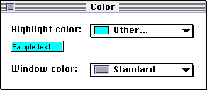 Screenshot of System 7's Color control panel with a setting allowing users to change the window tint color