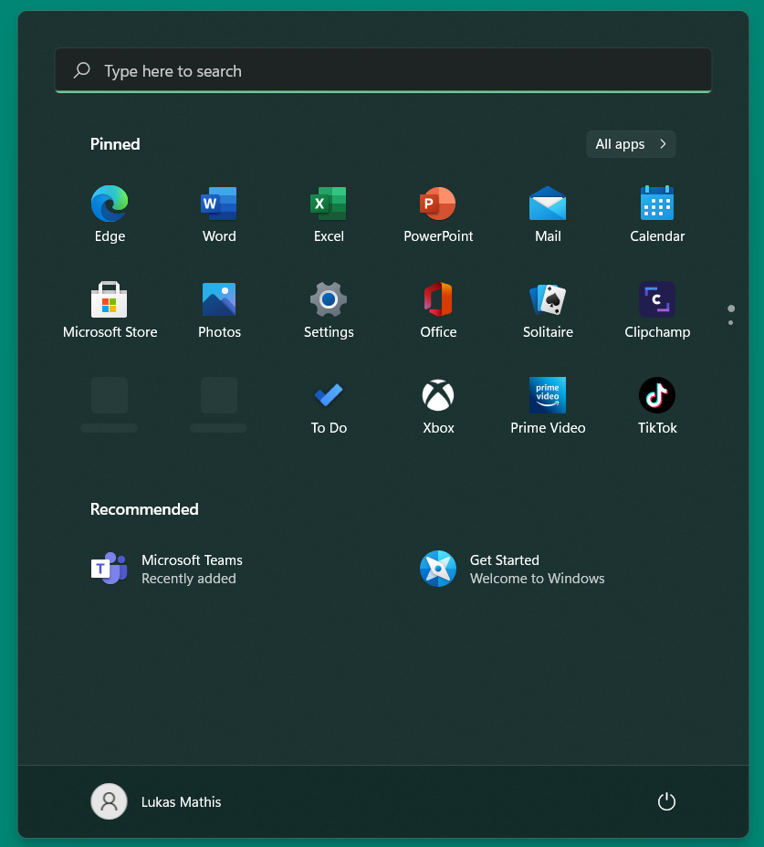 centered start menu with small icons