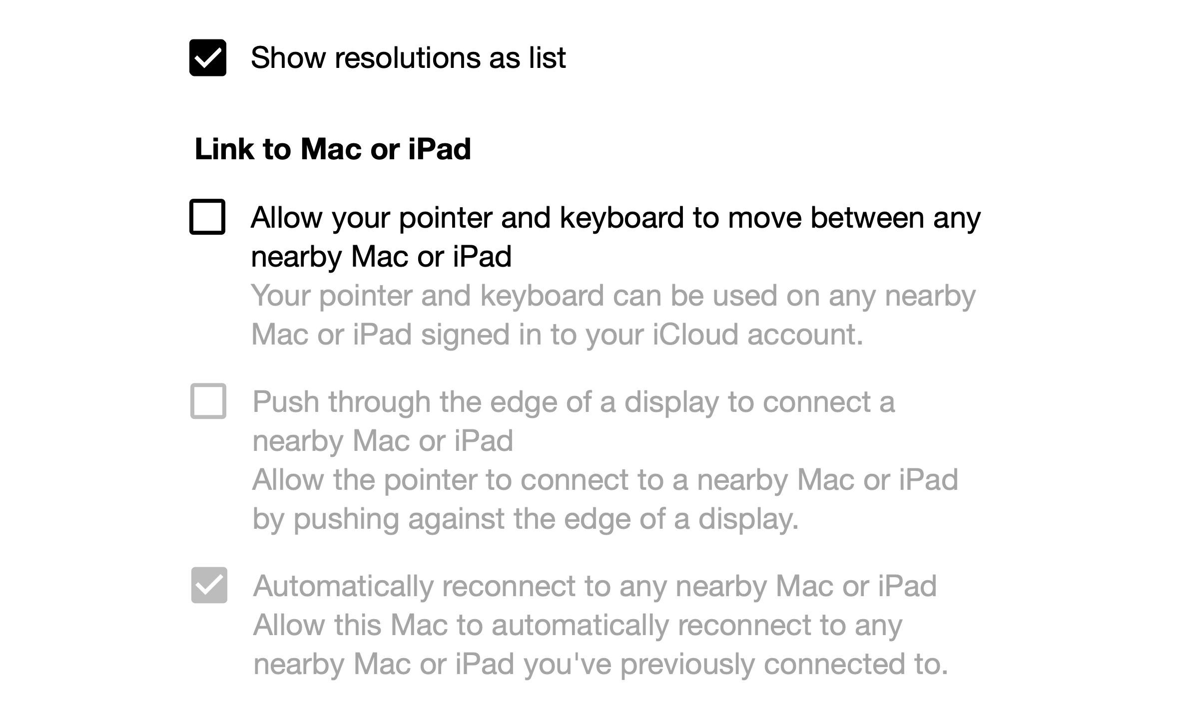 The same screen, toggles replaced with checkboxes, now makes the checked/unchecked and enabled/disabled states obvious