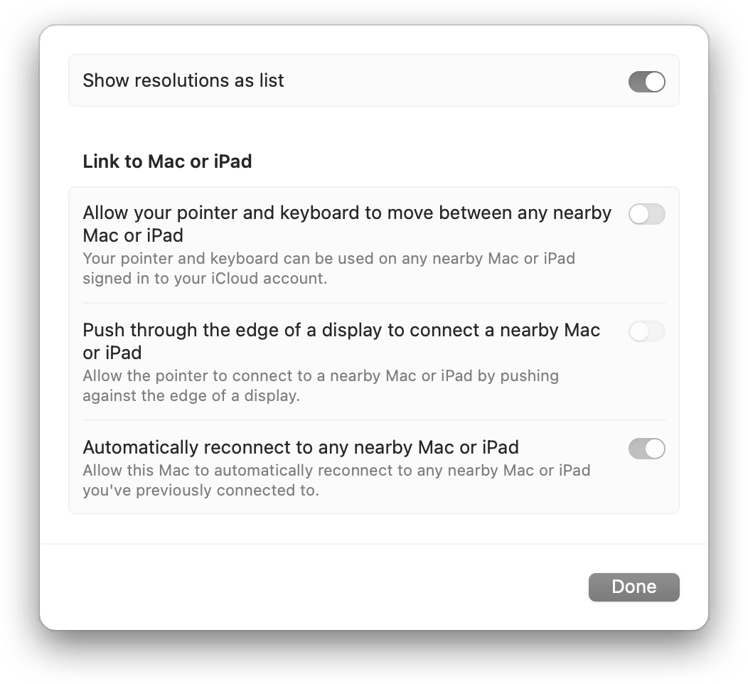 macOS's Link to Mac or iPad dialog box, showing four settings implemented as toggles, each in a different shade of grey